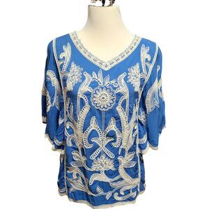 Anthropologie Kindred Women's Blouse Size S Embroidered Scallop Bell Cottagecore